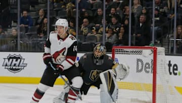 LAS VEGAS, NV - FEBRUARY 12: Arizona Coyotes right wing Richard Panik (14) and Vegas Golden Knights goaltender Marc-Andre Fleury (29) in action during a regular season game Tuesday, Feb. 12, 2019, at T-Mobile Arena in Las Vegas, NV. (Photo by Marc Sanchez/Icon Sportswire via Getty Images)