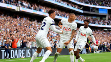 LONDON, ENGLAND - SEPTEMBER 16: Brennan Johnson, Emerson Royal and Richarlison of Tottenham Hotspur celebrate after Dejan Kulusevski of Tottenham Hotspur scores their team's second goal during the Premier League match between Tottenham Hotspur and Sheffield United at Tottenham Hotspur Stadium on September 16, 2023 in London, England. (Photo by Stephen Pond/Getty Images)