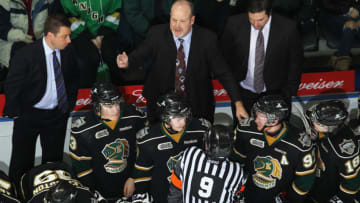 LONDON, CANADA - JANUARY 27: Head coach Mark Hunter of the London Knights makes a point during a play stoppage in a game against the Windsor Spitfires on January 27, 2012 at the John Labatt Centre in London, Canada. The Knights defeated the Spitfires 5-2. (Photo by Claus Andersen/Getty Images)
