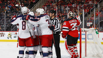 NEWARK, NJ - DECEMBER 08: The Columbus Blue Jackets celebrate the game winning goal by Alexander Wennberg