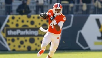 Nov 15, 2014; Atlanta, GA, USA; Clemson Tigers quarterback Deshaun Watson (4) runs the ball against the Georgia Tech Yellow Jackets in the first quarter at Bobby Dodd Stadium. Mandatory Credit: Brett Davis-USA TODAY Sports
