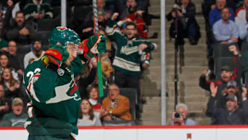 ST. PAUL, MN - DECEMBER 11: Nino Niederreiter #22 of the Minnesota Wild celebrates his 1st period goal during a game with the Montreal Canadiens at Xcel Energy Center on December 11, 2018 in St. Paul, Minnesota.(Photo by Bruce Kluckhohn/NHLI via Getty Images)