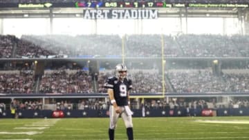 Nov 27, 2014; Arlington, TX, USA; Dallas Cowboys quarterback Tony Romo (9) walks on the field during the game against the Philadelphia Eagles at AT&T Stadium. Mandatory Credit: Tim Heitman-USA TODAY Sports