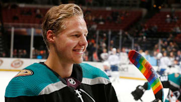 ANAHEIM, CA - MARCH 20: Hampus Lindholm #47 of the Anaheim Ducks skates in warm-ups while using a Pride Tape stick in support of NHL-initiative Hockey Is For Everyone and non-profit, You Can Play prior to the game against the Winnipeg Jets on March 20, 2019 at Honda Center in Anaheim, California. (Photo by Debora Robinson/NHLI via Getty Images)