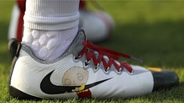 BALTIMORE, MD - AUGUST 26: Defensive back Trae Elston #36 of the Buffalo Bills wears 'Family Guy' Nike cleats in warmups before playing the Baltimore Ravens during a preseason game at M&T Bank Stadium on August 26, 2017 in Baltimore, Maryland. (Photo by Patrick Smith/Getty Images)
