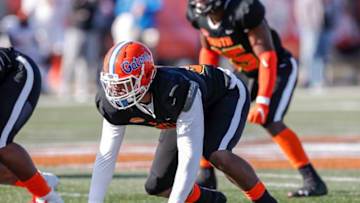 MOBILE, AL - JANUARY 25: Defensive Lineman Jabari Zuniga #92 from Florida of the South Team during the 2020 Resse's Senior Bowl at Ladd-Peebles Stadium on January 25, 2020 in Mobile, Alabama. The North Team defeated the South Team 34 to 17. (Photo by Don Juan Moore/Getty Images)