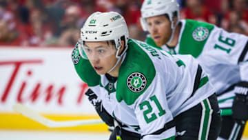 May 3, 2022; Calgary, Alberta, CAN; Dallas Stars left wing Jason Robertson (21) during the face off against the Calgary Flames during the third period in game one of the first round of the 2022 Stanley Cup Playoffs at Scotiabank Saddledome. Mandatory Credit: Sergei Belski-USA TODAY Sports