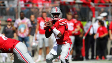 Sep 3, 2016; Columbus, OH, USA; Ohio State Buckeyes quarterback J.T. Barrett (16) drops back against the Bowling Green Falcons at Ohio Stadium. Mandatory Credit: Joe Maiorana-USA TODAY Sports