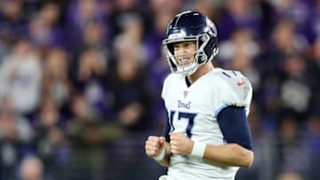 BALTIMORE, MARYLAND - JANUARY 11: Ryan Tannehill #17 of the Tennessee Titans reacts after an incomplete pass during the second quarter against the Baltimore Ravens in the AFC Divisional Playoff game at M&T Bank Stadium on January 11, 2020 in Baltimore, Maryland. (Photo by Maddie Meyer/Getty Images)