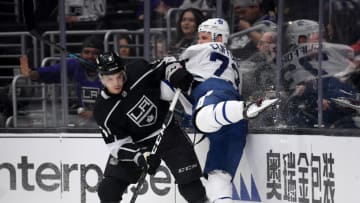 LOS ANGELES, CALIFORNIA - MARCH 05: Kyle Clifford #73 of the Toronto Maple Leafs collides with Matt Roy #3 of the Los Angeles Kings during the first period at Staples Center on March 05, 2020 in Los Angeles, California. (Photo by Harry How/Getty Images)