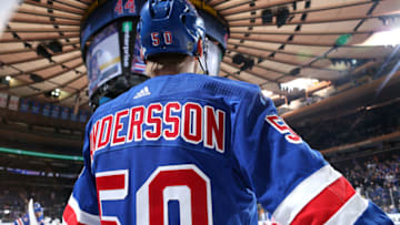 NEW YORK, NY - DECEMBER 16: Lias Andersson #50 of the New York Rangers looks on during warmups before the game against the Vegas Golden Knights at Madison Square Garden on December 16, 2018 in New York City. (Photo by Jared Silber/NHLI via Getty Images)
