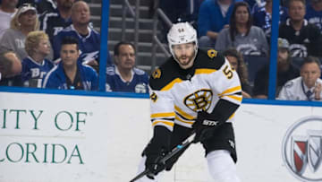 TAMPA, FL - APRIL 30: Adam McQuaid #54 of the Boston Bruins against the Tampa Bay Lightning during Game Two of the Eastern Conference Second Round during the 2018 NHL Stanley Cup Playoffs at Amalie Arena on April 30, 2018 in Tampa, Florida. (Photo by Scott Audette/NHLI via Getty Images)"n