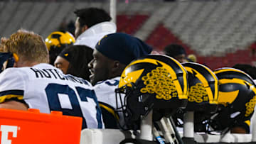 Nov 20, 2021; College Park, Maryland, USA; A detailed view of Michigan Wolverines defensive end Aidan Hutchinson (97) helmet during the second half against the Maryland Terrapins at Capital One Field at Maryland Stadium. Mandatory Credit: Tommy Gilligan-USA TODAY Sports