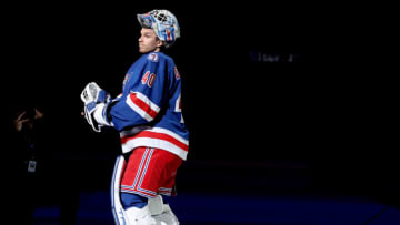 NEW YORK, NEW YORK - DECEMBER 04: Alexandar Georgiev #40 of the New York Rangers skates on the ice after the game against the Chicago Blackhawks at Madison Square Garden on December 04, 2021 in New York City. The New York Rangers defeated the Chicago Blackhawks 3-2. (Photo by Elsa/Getty Images)