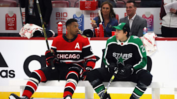 SUNRISE, FLORIDA - FEBRUARY 03: (L-R) Seth Jones of the Chicago Blackhawks and Jason Robertson of the Dallas Stars attend the 2023 NHL All-Star Skills presented by DraftKings Sportsbook at FLA Live Arena on February 03, 2023 in Sunrise, Florida. (Photo by Bruce Bennett/Getty Images)