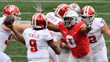 COLUMBUS, OH - NOVEMBER 21: Jonathon Cooper #0 of the Ohio State Buckeyes pressures the quarterback against the Indiana Hoosiers at Ohio Stadium on November 21, 2020 in Columbus, Ohio. (Photo by Jamie Sabau/Getty Images)