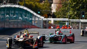 SANTIAGO, CHILE - FEBRUARY 3: In this handout provided by FIA Formula E - Jean-Eric Vergne (FRA), TECHEETAH, Renault ZE 17, leads Nelson Piquet Jr (BRA), Panasonic Jaguar Racing, Jaguar I-Type II during the Santiago ePrix, Round 4 of the 2017/18 FIA Formula E Series on February 3, 2018 in Santiago, Chile. (Photo by Sam Bloxham/LAT Images/FIA Formula E via Getty Images)