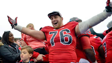 Dec 3, 2016; Bowling Green, KY, USA; Western Kentucky Hilltoppers offensive lineman Forrest Lamp (76) celebrates his teams victory following the CUSA championship game against the Louisiana Tech Bulldogs at Houchens Industries-L.T. Smith Stadium. Western Kentucky won 58-44. Mandatory Credit: Jim Brown-USA TODAY Sports
