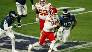 GLENDALE, AZ - FEBRUARY 12: Patrick Mahomes #15 of the Kansas City Chiefs scrambles against the Philadelphia Eagles during the fourth quarter in Super Bowl LVII at State Farm Stadium on February 12, 2023 in Glendale, Arizona. The Chiefs defeated the Eagles 38-35 (Photo by Kevin Sabitus/Getty Images)