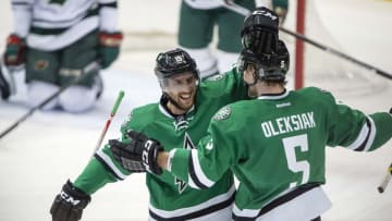 Nov 21, 2016; Dallas, TX, USA; Dallas Stars defenseman Patrik Nemeth (15) and defenseman Jamie Oleksiak (5) celebrate Oleksiak