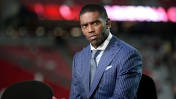 GLENDALE, AZ - SEPTEMBER 25: ESPN analysts Randy Moss on set during the MNF broadcast prior to the NFL game between the Dallas Cowboys and Arizona Cardinals at University of Phoenix Stadium on September 25, 2017 in Glendale, Arizona. (Photo by Jennifer Stewart/Getty Images)