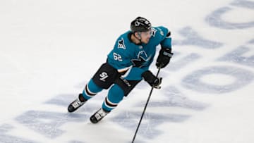 SAN JOSE, CA - APRIL 23: Kevin Labanc #62 of the San Jose Sharks skates with the puck against the Vegas Golden Knights in Game Seven of the Western Conference First Round during the 2019 NHL Stanley Cup Playoffs at SAP Center on April 23, 2019 in San Jose, California. (Photo by Lachlan Cunningham/Getty Images)
