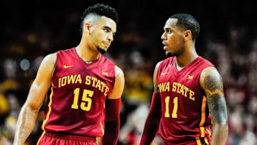 Dec 1, 2016; Ames, IA, USA; Iowa State Cyclones guard Nazareth Mitrou-Long (15) and guard Monte Morris (11) talk during the second half against the Cincinnati Bearcats at James H. Hilton Coliseum. Cincinnati won 55-54. Mandatory Credit: Jeffrey Becker-USA TODAY Sports