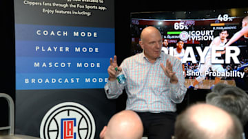 LOS ANGELES, CA - OCTOBER 17: LA Clippers owner Steve Ballmer speaks prior to the game against the Denver Nuggets on October 17, 2018 at Staples Center, in Los Angeles, California. NOTE TO USER: User expressly acknowledges and agrees that, by downloading and/or using this Photograph, user is consenting to the terms and conditions of the Getty Images License Agreement. Mandatory Copyright Notice: Copyright 2018 NBAE (Photo by Adam Pantozzi/NBAE via Getty Images)