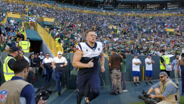 Aug 8, 2019; Green Bay, WI, USA; Houston Texans defensive end J.J. Watt (99) runs onto the field prior to the game against the Green Bay Packers at Lambeau Field. Mandatory Credit: Jeff Hanisch-USA TODAY Sports