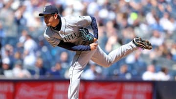 Apr 17, 2016; Bronx, NY, USA; Seattle Mariners starting pitcher Hisashi Iwakuma (18) pitches against the New York Yankees during the third inning at Yankee Stadium. Mandatory Credit: Brad Penner-USA TODAY Sports