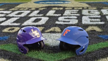 Omaha, NE - JUNE 26: A general view of of a LSU Tigers and the Florida Gators batting helmets, prior game one of the College World Series Championship Series on June 26, 2017 at TD Ameritrade Park in Omaha, Nebraska. (Photo by Peter Aiken/Getty Images)