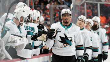PHILADELPHIA, PA - OCTOBER 09: Evander Kane #9 of the San Jose Sharks celebrates his first period power-play goal against the Philadelphia Flyers with his teammates on the bench on October 9, 2018 at the Wells Fargo Center in Philadelphia, Pennsylvania. (Photo by Len Redkoles/NHLI via Getty Images)