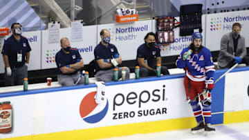 Mika Zibanejad #93 of the New York Rangers stands near the bench during warm ups before an exhibition game against the New York Islanders. (Photo by Andre Ringuette/Freestyle Photo/Getty Images)