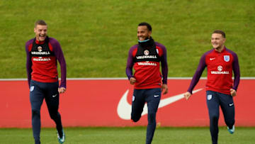 BURTON-UPON-TRENT, ENGLAND - NOVEMBER 09: Jamie Vardy, Ryan Bertrand and Kieran Trippier of England in action during a England training session at St Georges Park on November 9, 2017 in Burton-upon-Trent, England. (Photo by Ross Kinnaird/Getty Images)