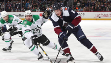 DENVER, COLORADO - NOVEMBER 01: Cale Makar #8 of the Colorado Avalanche skates against Miro Heiskanen #4 of the Dallas Stars at Pepsi Center on November 01, 2019 in Denver, Colorado. (Photo by Michael Martin/NHLI via Getty Images)