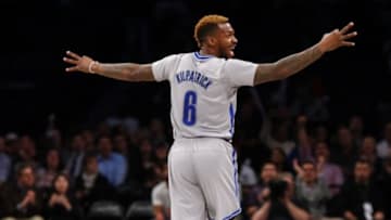 Mar 22, 2016; Brooklyn, NY, USA; Brooklyn Nets guard Sean Kilpatrick (6) reacts after a three point shot against the Charlotte Hornets during second half at Barclays Center. The Charlotte Hornets defeated the Brooklyn Nets 105-100. Mandatory Credit: Noah K. Murray-USA TODAY Sports