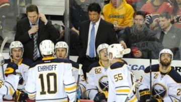Mar 18, 2014; Calgary, Alberta, CAN; Buffalo Sabres head coach Ted Nolan against the Calgary Flames at Scotiabank Saddledome. Mandatory Credit: Candice Ward-USA TODAY Sports