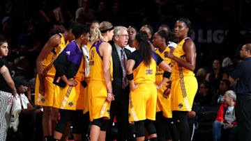 NEW YORK, NY - AUGUST 13: The Los Angeles Sparks huddle around Brian Agler of the Los Angeles Sparks during the game against the New York Liberty during a WNBA game at Madison Square Garden in New York City, New York on August 13, 2017. NOTE TO USER: User expressly acknowledges and agrees that, by downloading and or using this photograph, User is consenting to the terms and conditions of the Getty Images License Agreement. Mandatory Copyright Notice: Copyright 2017 NBAE (Photo by Nathaniel S. Butler/NBAE via Getty Images)