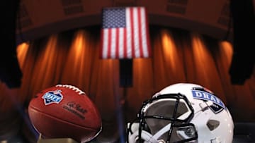 May 8, 2014; New York, NY, USA; A general view of a helmet, NFL shield, stage, and podium before the start of the 2014 NFL Draft at Radio City Music Hall. Mandatory Credit: Adam Hunger-USA TODAY Sports