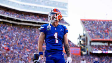 Florida Gators wide receiver Ricky Pearsall (1) celebrates after catching a touchdown during the first half against the South Carolina Gamecocks at Steve Spurrier Field at Ben Hill Griffin Stadium in Gainesville, FL on Saturday, November 12, 2022. [Matt Pendleton/Gainesville Sun]Ncaa Football Florida Gators Vs South Carolina GamecocksSyndication Gator Sports