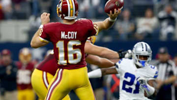 ARLINGTON, TX - JANUARY 03: Colt McCoy #16 of the Washington Redskins throws a touchdown pass against Terrance Mitchell #21 of the Dallas Cowboys during the second half at AT&T Stadium on January 3, 2016 in Arlington, Texas. (Photo by Tom Pennington/Getty Images)