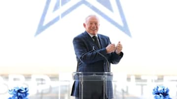 Aug 21, 2016; Frisco, TX, USA; Dallas Cowboys owner Jerry Jones speaks prior to the ribbon cutting for the Ford Center at The Star. Mandatory Credit: Matthew Emmons-USA TODAY Sports