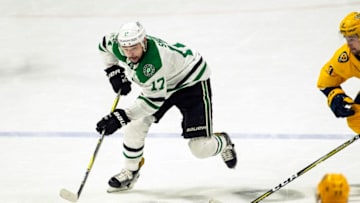 NASHVILLE, TN - MARCH 6: Devin Shore #17 of the Dallas Stars skates against the Nashville Predators during an NHL game at Bridgestone Arena on March 6, 2018 in Nashville, Tennessee. (Photo by Ronald C. Modra/NHL/Getty Images)