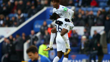LEICESTER, ENGLAND - DECEMBER 16: Bakary Sako of Crystal Palace celebrates after scoring his sides third goal with Wilfried Zaha of Crystal Palace during the Premier League match between Leicester City and Crystal Palace at The King Power Stadium on December 16, 2017 in Leicester, England. (Photo by Jan Kruger/Getty Images)
