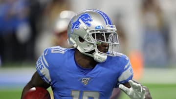 DETROIT, MI - AUGUST 8: Brandon Powell #10 of the Detroit Lions runs for a short gain during the first quarter of the preseason game against the New England Patriots at Ford Field on August 8, 2019 in Detroit, Michigan. New England defeated Detroit 31-3. (Photo by Leon Halip/Getty Images)