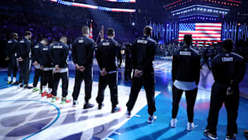 CHARLOTTE, NORTH CAROLINA - FEBRUARY 17: Team Giannis stands during pregame ceremonies before playing against Team LeBron during the NBA All-Star game as part of the 2019 NBA All-Star Weekend at Spectrum Center on February 17, 2019 in Charlotte, North Carolina. NOTE TO USER: User expressly acknowledges and agrees that, by downloading and/or using this photograph, user is consenting to the terms and conditions of the Getty Images License Agreement. Mandatory Copyright Notice: Copyright 2019 NBAE (Photo by Streeter Lecka/Getty Images)