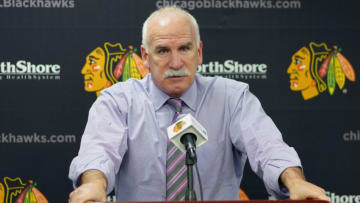 CHICAGO, IL - JANUARY 24: Chicago Blackhawks head coach Joel Quenneville talks to members of the press after a game between the Chicago Blackhawks and the Toronto Maple Leafs on January 24, 2018, at the United Center in Chicago, IL. (Photo by Robin Alam/Icon Sportswire via Getty Images)