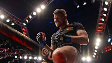 Jun 4, 2016; Los Angeles, CA, USA; Michael Bisping (blue) celebrates his first round knockout of Luke Rockhold (not pictured) during UFC 199 at The Forum. Mandatory Credit: Jake Roth-USA TODAY Sports