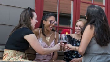 SANTA BARBARA, CA - AUGUST 5: A group of woman sip Champagne at the Cork's n' Crown wine bar in The Funk Zone on August 5, 2018, in Santa Barbara, California. The Funk Zone in Santa Barbara is a concentrated ten block neighborhood near the beach consisting of winery tasting rooms, restaurants, hotels, art galleries, and great people watching. (Photo by George Rose/Getty Images)