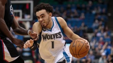 Mar 30, 2016; Minneapolis, MN, USA; Minnesota Timberwolves guard Tyus Jones (1) dribbles in the third quarter against the Los Angeles Clippers at Target Center. The Los Angeles Clippers beat the Minnesota Timberwolves 99-79. Mandatory Credit: Brad Rempel-USA TODAY Sports